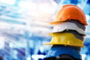 Une pile de quatre casques de chantier.
